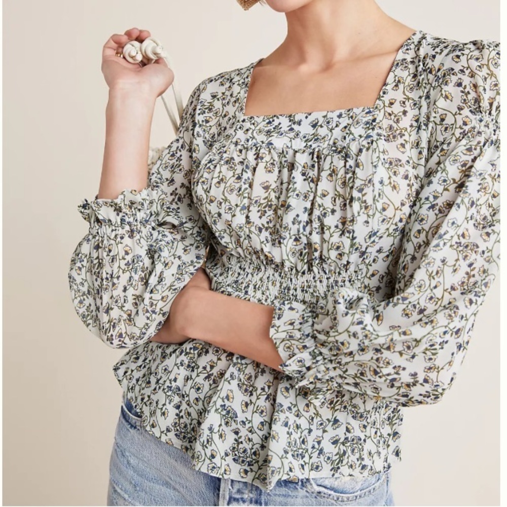 Anthropologie Ranna Gill Lutyens Floral Blouse Peasant Boho Smocked Womens Small